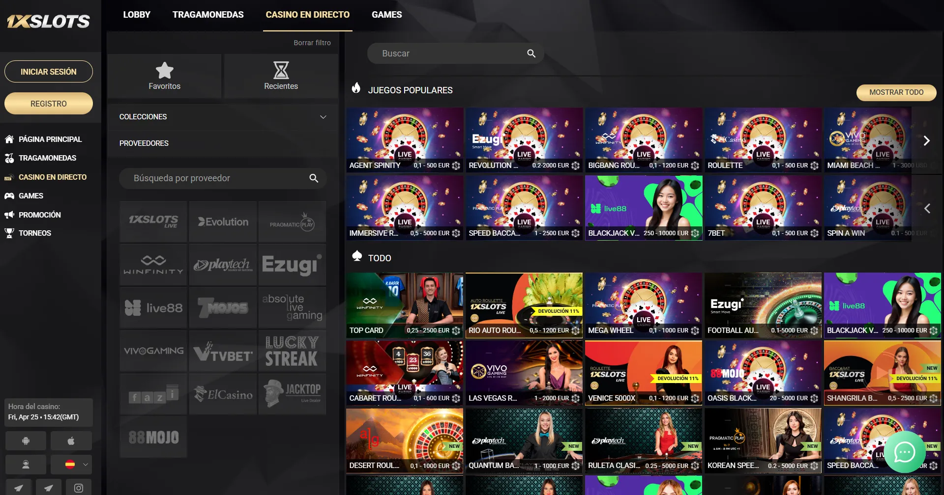 Proveedores y catálogo en 1xslots casino